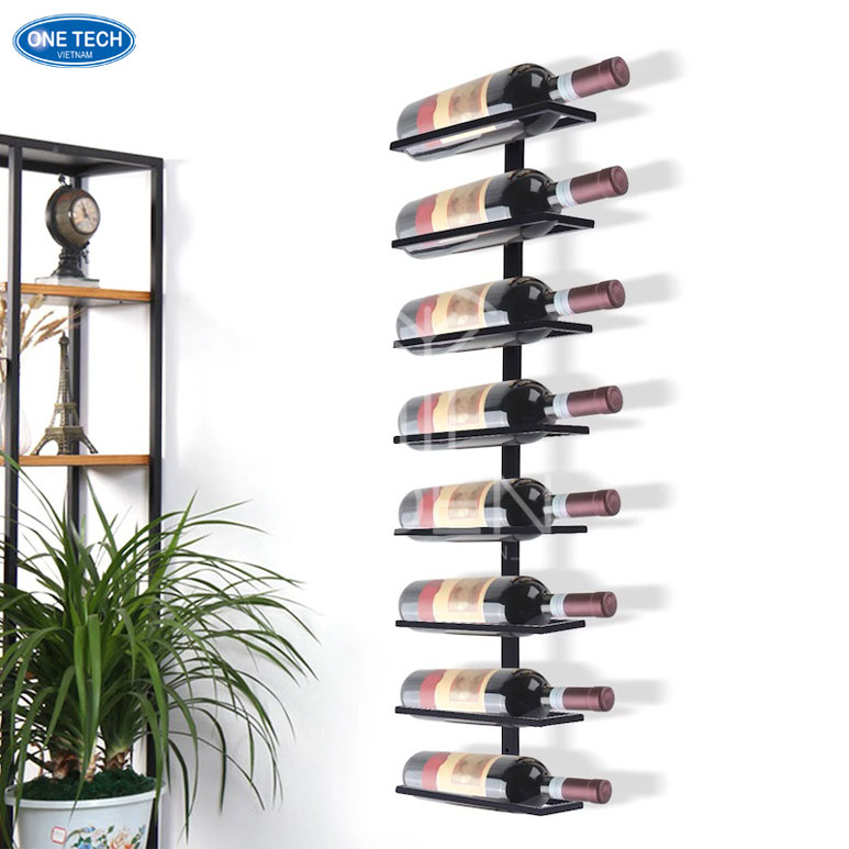 Kệ rượu treo tường bằng sắt hiện đại, tiết kiệm không gian Kệ rượu treo tường bằng sắt thiết kế gọn gàng, dùng để trưng bày và lưu trữ chai rượu tại gia hoặc cửa hàng