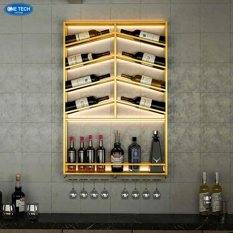 Kệ trưng bày rượu treo tường đẹp, chắc chắn và tiện lợi Kệ trưng bày rượu treo tường bằng gỗ chắc chắn, thiết kế hiện đại phù hợp với không gian nhà hàng và quán bar