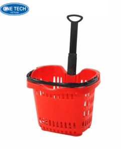 Giỏ hàng siêu thị tay đẩy bằng nhựa và kim loại, thiết kế gọn nhẹ, phù hợp cho siêu thị và cửa hàng tiện lợi