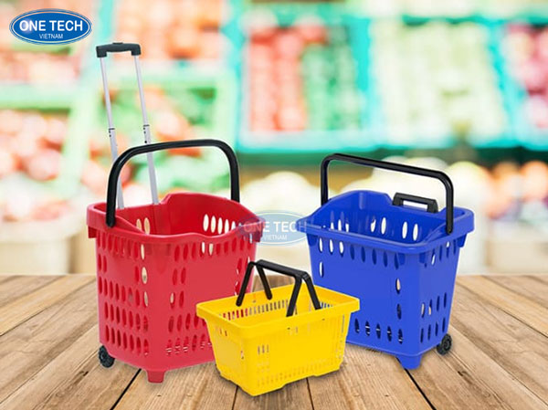 Giỏ kéo siêu thị có bánh xe hiện đại và tiện lợi Giỏ kéo siêu thị có bánh xe màu đỏ, thiết kế hiện đại, tay kéo linh hoạt dùng trong cửa hàng tiện lợi