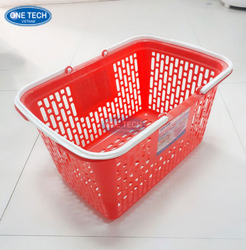 Giỏ đựng hàng siêu thị có tay kéo màu đỏ tiện lợi Giỏ nhựa siêu thị màu đỏ có tay kéo và bánh xe dùng trong cửa hàng bán lẻ