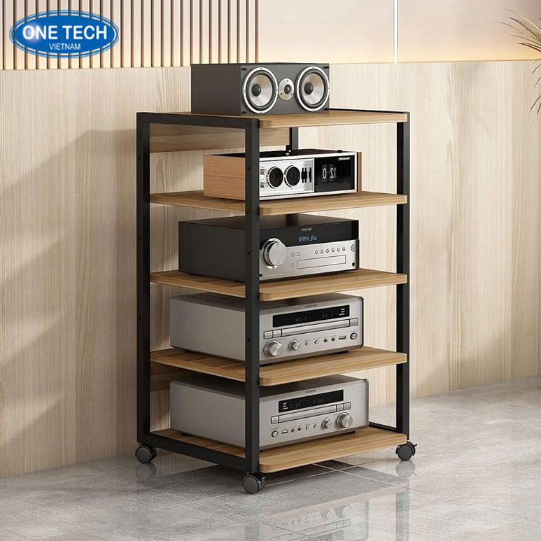 Kệ gỗ phối sắt để amply thiết kế chắc chắn và thẩm mỹ Kệ gỗ phối sắt để amply với thiết kế 5 tầng chắc chắn, phù hợp cho dàn âm thanh gia đình hoặc phòng karaoke