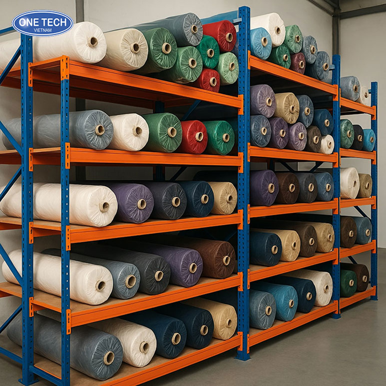 Kệ sắt trung tải lưu trữ vải cuộn, khả năng chịu lực 200 đến 300kg mỗi tầng, phù hợp cho kho hàng vải