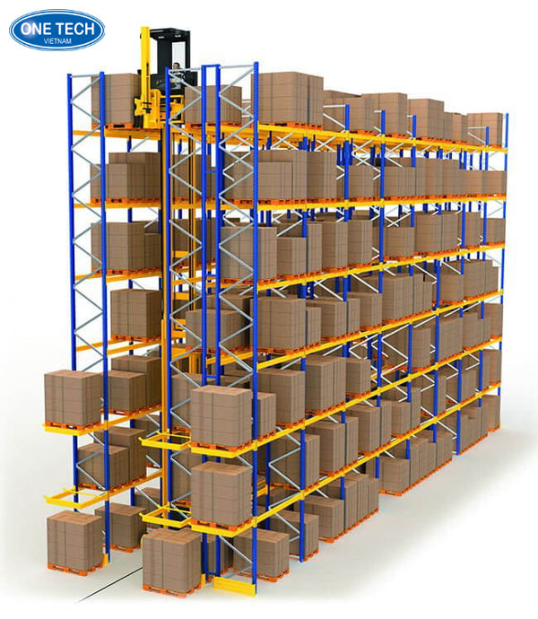 Cấu tạo chi tiết của kệ Narrow Aisle với thiết kế tối ưu không gian kho Hình ảnh cấu tạo kệ Narrow Aisle với các bộ phận chính như khung trụ, beam, thanh giằng và pallet