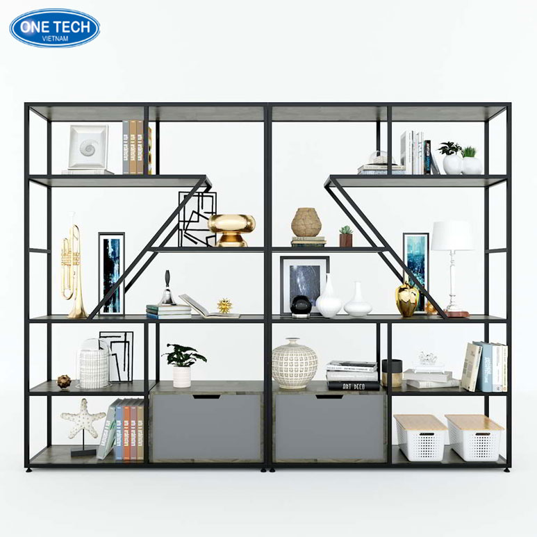 Kệ gỗ khung sắt 3 tầng dùng để trưng bày bằng khen trong phòng làm việc hoặc showroom