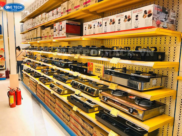 Kệ siêu thị đựng bếp gas lưng tôn đục lỗ chất lượng cao Kệ siêu thị trưng bày bếp gas, thiết kế lưng tôn đục lỗ, bền đẹp, chắc chắn