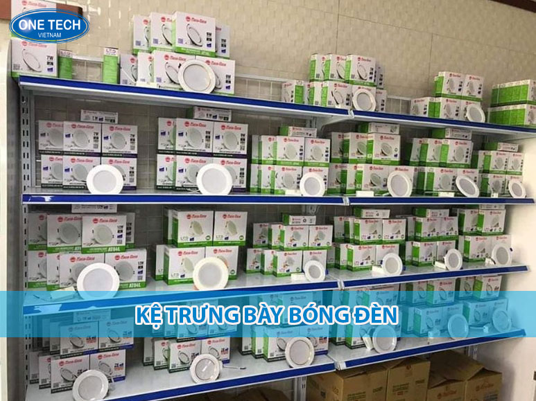 Kệ trưng bày bóng đèn siêu thị bằng kim loại chắc chắn, nhiều tầng, giúp khách hàng dễ chọn lựa sản phẩm