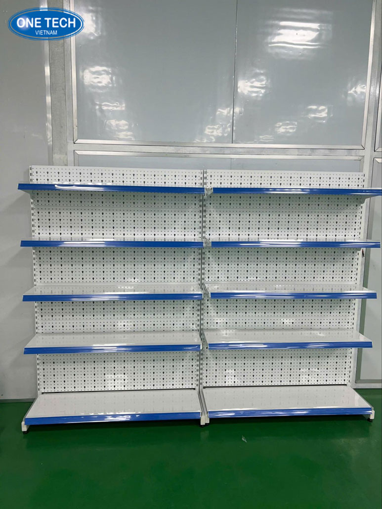 Kệ móc treo trưng bày chảo tại siêu thị chắc chắn, dễ nhìn Kệ móc treo trưng bày chảo bằng thép sơn tĩnh điện, thiết kế nhiều tầng tiện lợi cho siêu thị và cửa hàng gia dụng