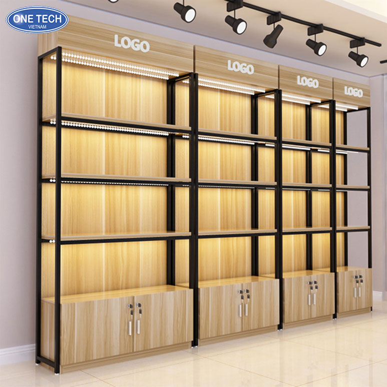 Kệ khung sắt mâm gỗ đèn LED trưng bày mỹ phẩm cao cấp Kệ trưng bày mỹ phẩm khung sắt sơn tĩnh điện, mâm gỗ chắc chắn, tích hợp đèn LED chiếu sáng nổi bật sản phẩm