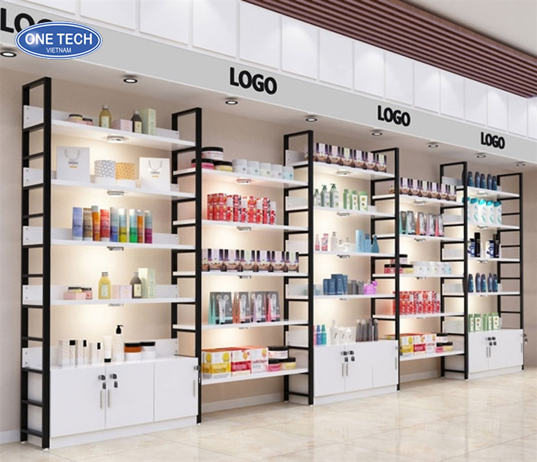Kệ trưng bày mỹ phẩm khung sắt kết hợp gỗ và đèn LED hiện đại Kệ mỹ phẩm khung sắt phủ sơn tĩnh điện, mâm gỗ vân đẹp tích hợp LED, thiết kế phù hợp không gian cửa hàng làm đẹp