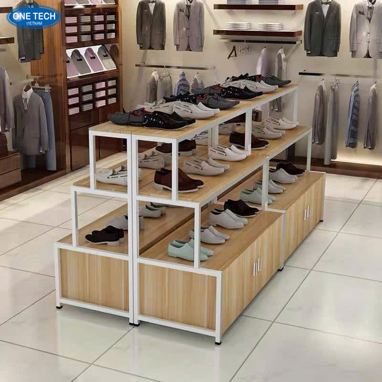 Kệ bậc thang kết hợp tủ gỗ trưng bày giày dép Kệ bậc thang kết hợp tủ gỗ hiện đại dùng để trưng bày giày dép trong cửa hàng