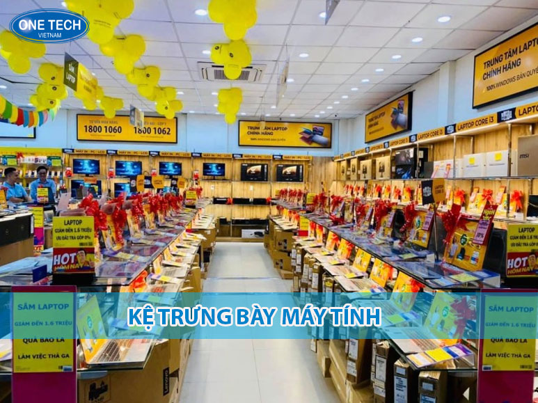 Kệ trưng bày máy tính bằng sắt sơn tĩnh điện thiết kế chắc chắn, phù hợp cho showroom máy tính