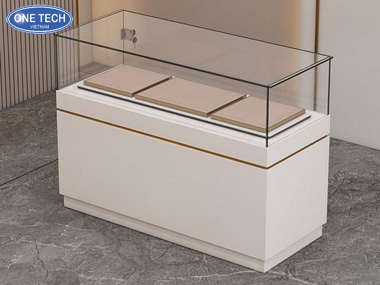Kệ kính chân gỗ trưng bày phụ kiện trang sức vàng sang trọng Kệ kính chân gỗ cao cấp dùng để bày trang sức bằng vàng trong cửa hàng