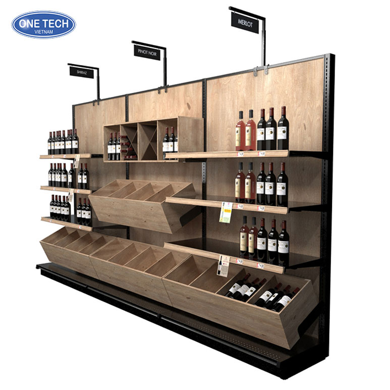Kệ áp tường trưng bày rượu vang sang trọng cho showroom Kệ áp tường thiết kế hiện đại, chuyên dụng trưng bày rượu vang trong showroom cao cấp