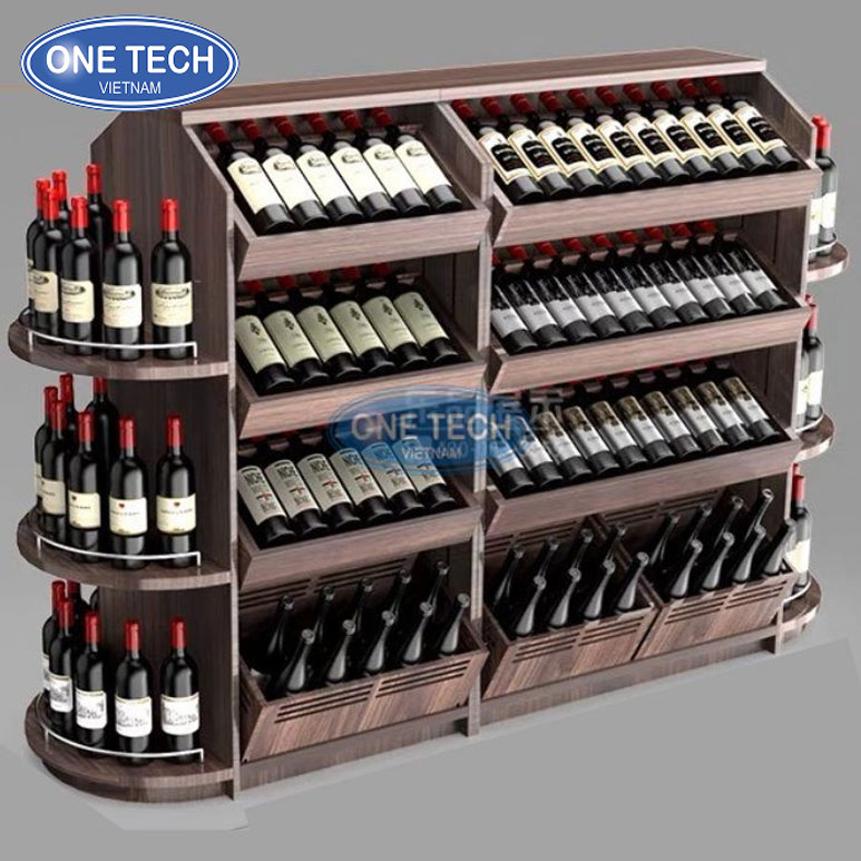 Kệ gỗ sồi trưng bày rượu vang cao cấp sang trọng tại showroom Kệ rượu vang bằng gỗ sồi cao cấp với thiết kế sang trọng, dùng trưng bày chai rượu trong showroom hoặc biệt thự