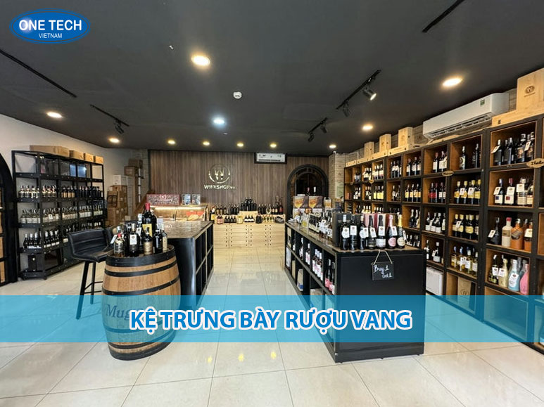 Kệ trưng bày rượu vang bằng gỗ 5 tầng thiết kế hiện đại, phù hợp cửa hàng rượu cao cấp