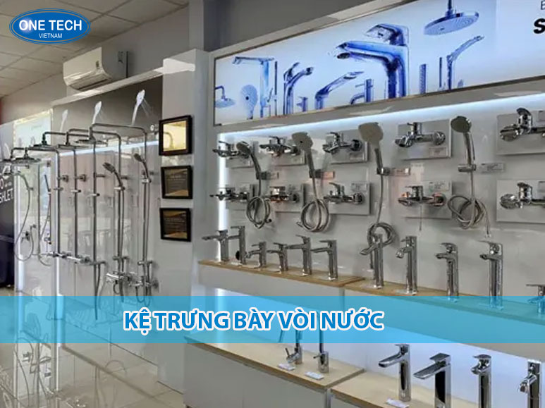 Kệ trưng bày vòi nước inox nhiều tầng, giúp trưng bày vòi sen, vòi rửa đẹp mắt trong showroom