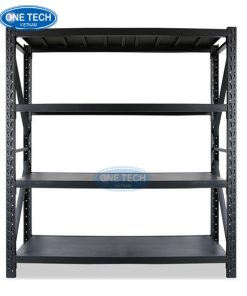 Hệ thống kệ trung tải màu đen chắc chắn, chống gỉ, sử dụng trong kho xưởng và cửa hàng