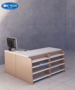 Mẫu quầy thu ngân chữ L với thiết kế chắc chắn, hỗ trợ vận hành cửa hàng hiệu quả