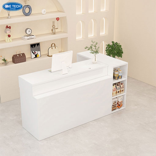 Quầy thu ngân chữ L màu trắng hiện đại cho cửa hàng bán lẻ Quầy thu ngân chữ L màu trắng thiết kế tiện dụng, phù hợp cho siêu thị và cửa hàng