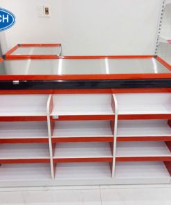 Quầy thu ngân chữ L bằng gỗ MDF, thiết kế hiện đại, phù hợp cho cửa hàng tiện lợi và siêu thị mini