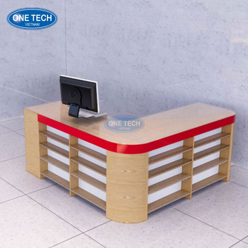 Quầy thanh toán chữ L bằng gỗ đẹp sang trọng cho cửa hàng Quầy thanh toán chữ L bằng gỗ tự nhiên, thiết kế hiện đại phù hợp cho siêu thị, cửa hàng tiện lợi