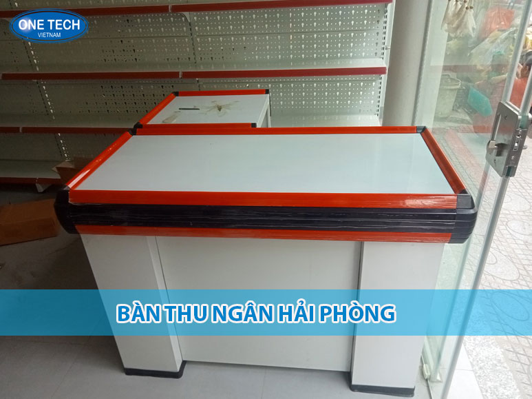 Bàn thu ngân hiện đại tại Hải Phòng với ngăn kéo đựng tiền, mặt bàn chắc chắn, phù hợp cho siêu thị và cửa hàng tiện lợi