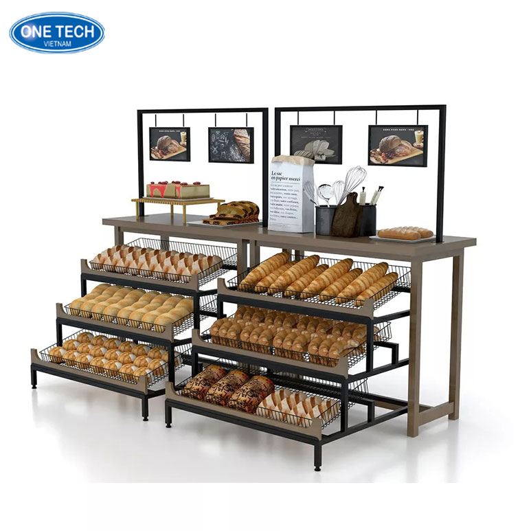 Lợi ích khi sử dụng kệ trưng bày bánh mì trong cửa hàng tiện lợi Kệ trưng bày bánh mì giúp sắp xếp gọn gàng và thu hút khách hàng tại cửa hàng