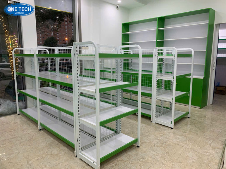 Kệ siêu thị tiêu chuẩn trưng bày bánh mì đẹp và chắc chắn Kệ siêu thị trưng bày bánh mì sơn tĩnh điện màu trắng, thiết kế chuẩn siêu thị tiện lợi