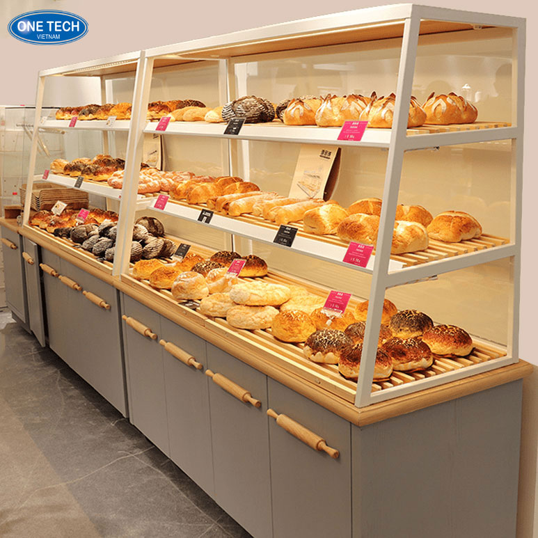 Kệ trưng bày bánh mì giúp tối ưu diện tích cửa hàng Hình ảnh kệ bánh mì đơn giản, dễ bố trí trong không gian bán lẻ