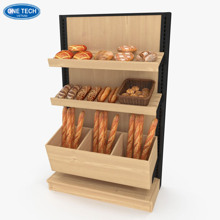 Kệ bánh mì trưng bày sản phẩm rõ ràng, hỗ trợ bán hàng hiệu quả Kệ trưng bày bánh mì gọn gàng, phù hợp với cửa hàng có diện tích giới hạn