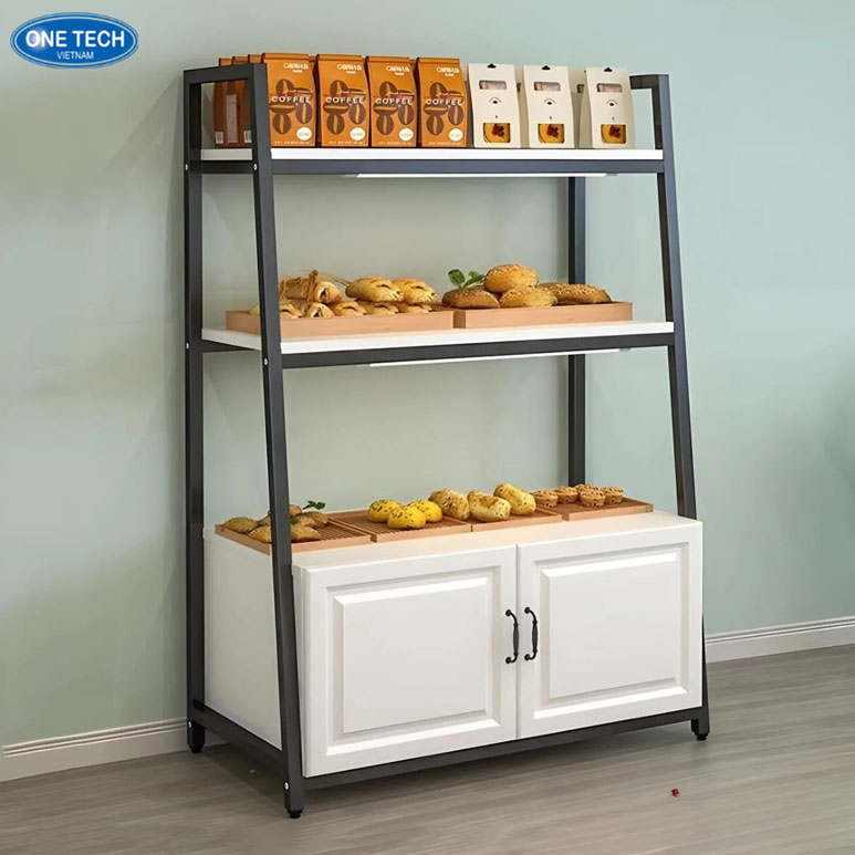 Kệ bánh mì tiện lợi cho không gian trưng bày nhỏ gọn Mẫu kệ trưng bày bánh mì bố trí hợp lý, hỗ trợ bán hàng hiệu quả