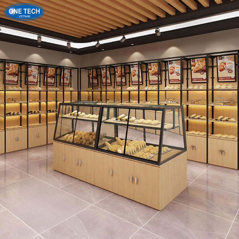 Tủ kính trưng bày bánh mì bằng kính cường lực hiện đại Tủ kính trưng bày bánh mì nhiều tầng, khung inox sáng bóng, trưng bày bánh mì tại tiệm bánh