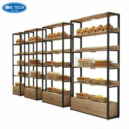 Kệ bánh mì bằng gỗ khung sắt trưng bày đẹp mắt, chắc chắn Kệ bánh mì bằng gỗ kết hợp khung sắt sơn tĩnh điện, thiết kế 3 tầng, phù hợp cửa hàng tiện lợi và tiệm bánh