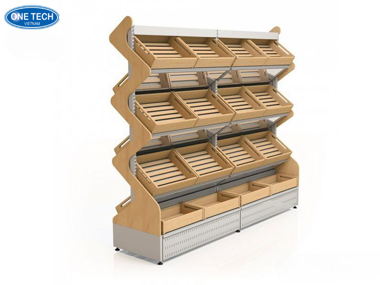 Giá trưng bày bánh mì thu hút ánh nhìn trong cửa hàng Giá kệ trưng bày bánh mì sắp xếp gọn gàng tại quầy bán thực phẩm