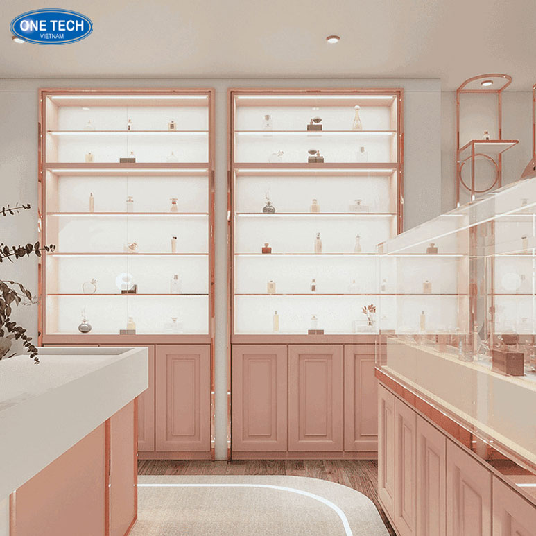Kệ trưng bày nước hoa nữ bằng kính và kim loại, phù hợp cho showroom mỹ phẩm cao cấp