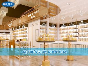 Kệ trưng bày nước hoa nhiều tầng bằng kính cường lực, thiết kế hiện đại, sang trọng trong cửa hàng mỹ phẩm