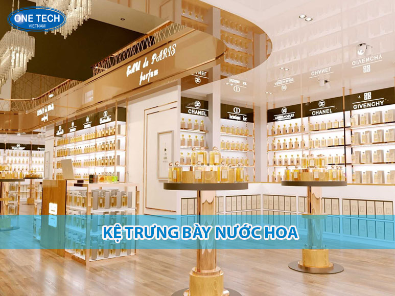 Kệ trưng bày nước hoa nhiều tầng bằng kính cường lực, thiết kế hiện đại, sang trọng trong cửa hàng mỹ phẩm