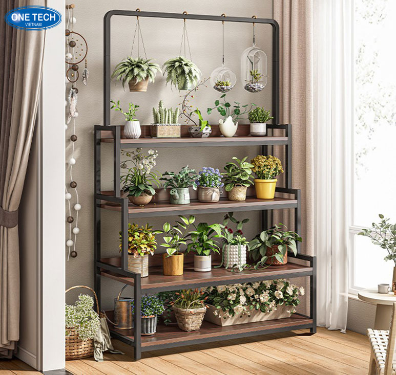 Kệ gỗ khung sắt để sen đá nhỏ gọn trang trí không gian xanh Kệ gỗ khung sắt trưng bày sen đá mini trang trí trong nhà