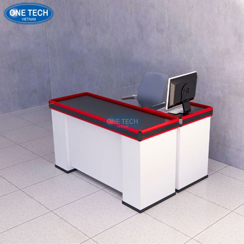 Bàn thu ngân dài 1m5 với thiết kế tiện dụng, màu sắc trang nhã, phù hợp cho siêu thị mini và cửa hàng bán lẻ.