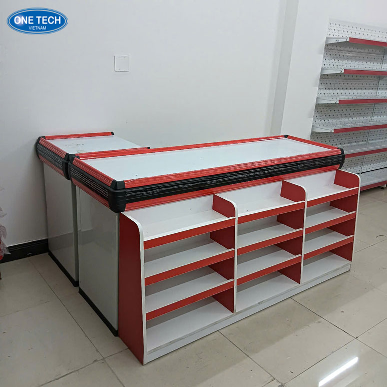 Bàn thu ngân thiết kế nhỏ gọn cho siêu thị mini, spa, cửa hàng thời trang diện tích 50–100m²