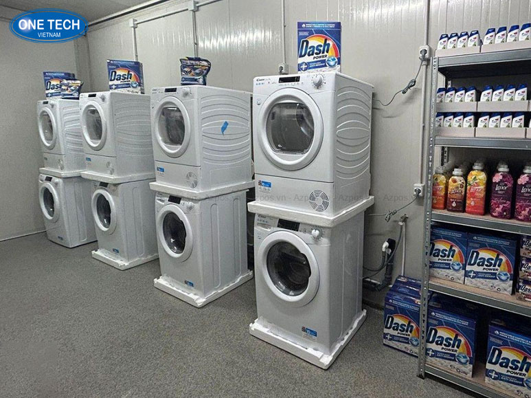 Cửa hàng giặt ủi tiện lợi với máy giặt công nghiệp hiện đại, phù hợp kinh doanh gần chợ