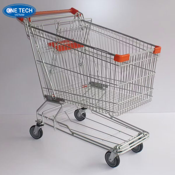 Xe đẩy siêu thị 180L dung tích lớn Xe đẩy siêu thị 180L bằng kim loại chắc chắn, tay cầm nhựa màu đỏ, dùng trong cửa hàng và siêu thị