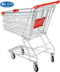 Xe đẩy siêu thị dung tích 125L bằng kim loại mạ kẽm sáng bóng, thiết kế tay đẩy nhựa tiện lợi, thích hợp cho siêu thị và cửa hàng tiện lợi
