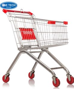 Xe đẩy siêu thị dung tích 125 lít với giỏ lưới rộng, khung thép chắc chắn và bánh xe cao su di chuyển linh hoạt