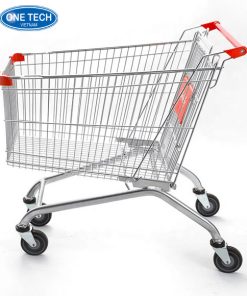 Xe đẩy siêu thị 180l bằng thép sơn tĩnh điện, tay cầm nhựa, bánh xe xoay linh hoạt