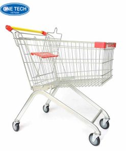 Xe đẩy siêu thị 60L bằng thép mạ kẽm, tay đẩy nhựa, bánh xe linh hoạt dùng trong siêu thị mini