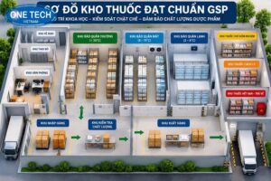 Sơ đồ mặt bằng kho thuốc đạt chuẩn GSP với các khu vực chức năng